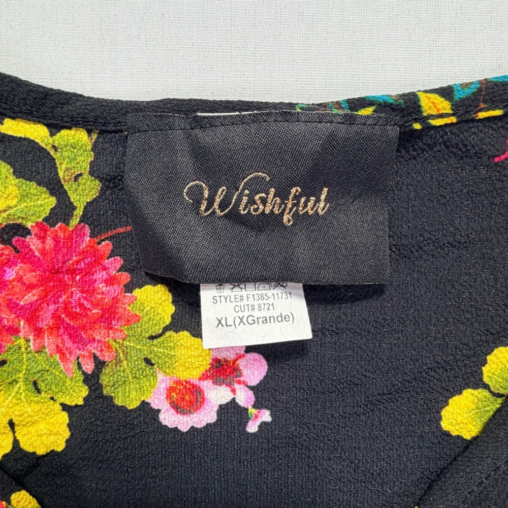 Wishful Black Floral Print Ruched V Neck 3/4 Sleeve Peplum Top XL Grande - Picture 3 of 6